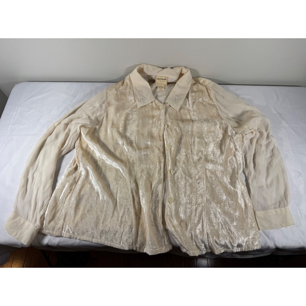 April Cornell Cream Crushed Velvet Embroidered Collar Button Blouse XL